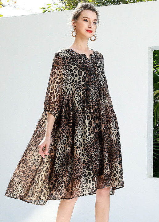 Coffee Leopard Print Chiffon Beach Dresses O-Neck Rivet Summer - Image 2