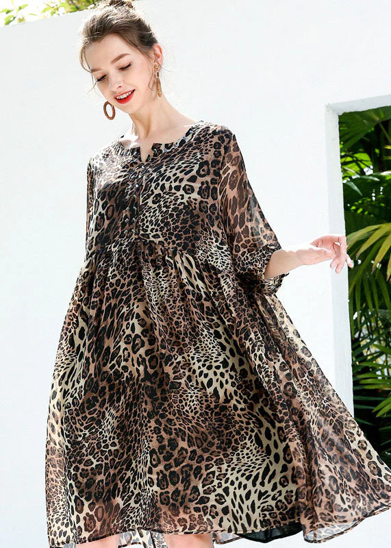 Coffee Leopard Print Chiffon Beach Dresses O-Neck Rivet Summer - Image 3