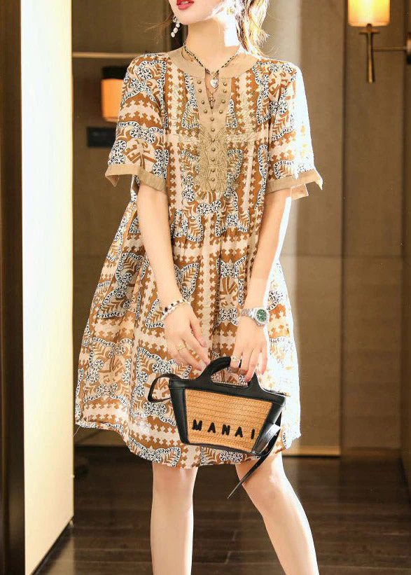 Coffee Nail Bead Party Chiffon Long Dress Short Sleeve - Image 2
