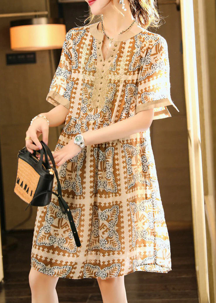 Coffee Nail Bead Party Chiffon Long Dress Short Sleeve - Image 4