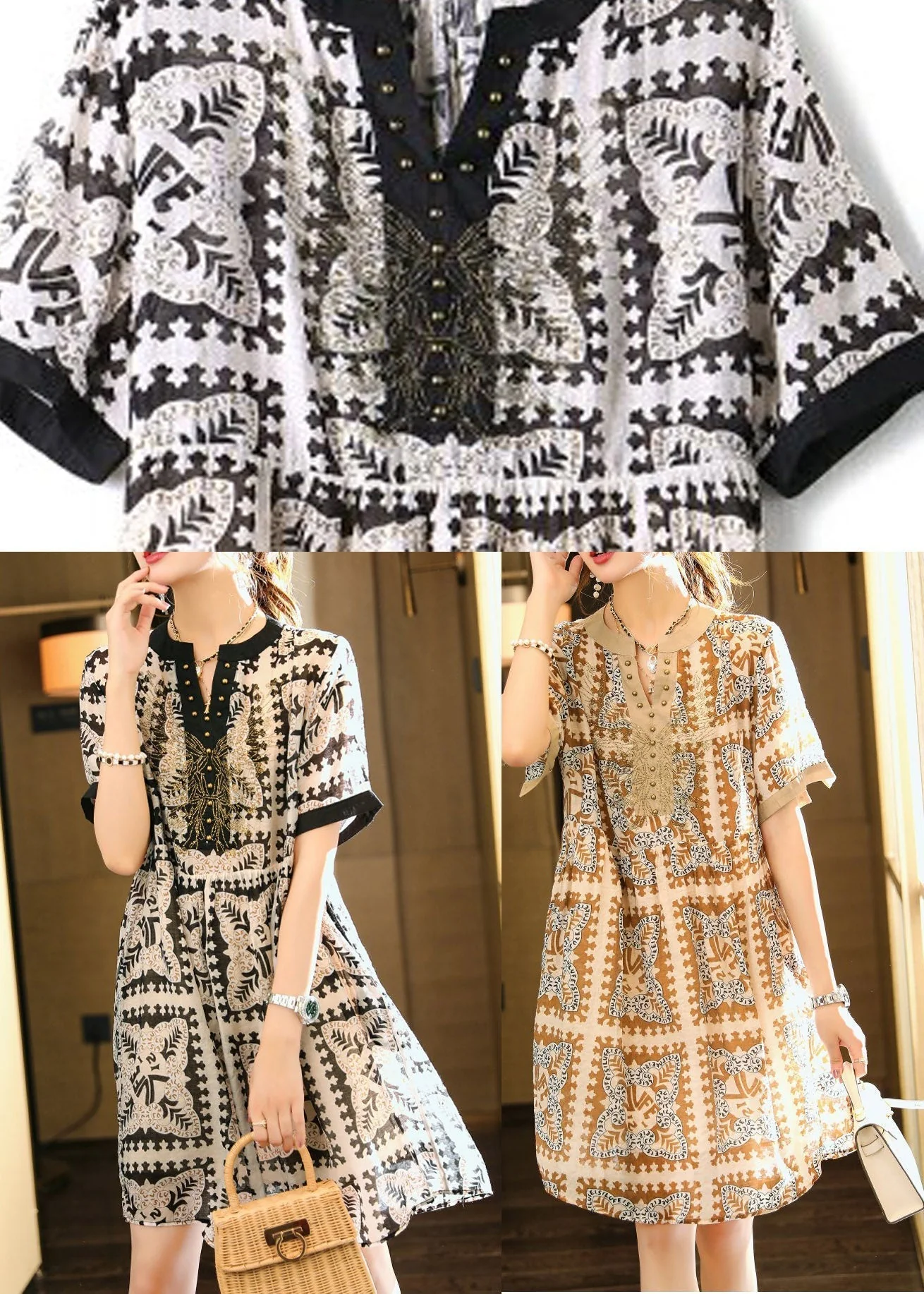 Coffee Nail Bead Party Chiffon Long Dress Short Sleeve - Image 5