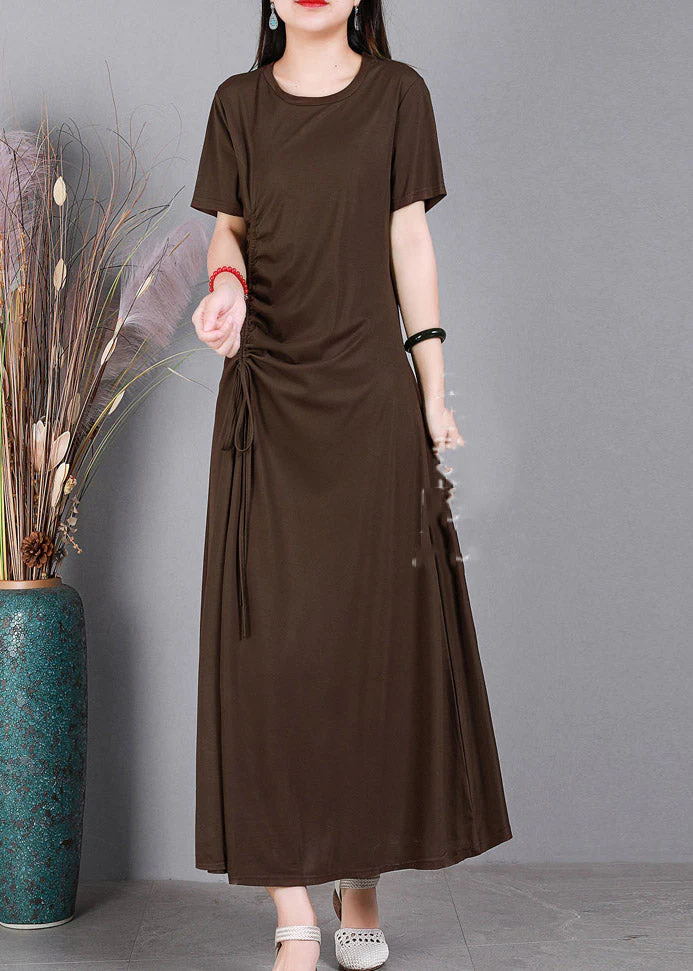 Chocolate O-Neck Cinched Cotton Long Dress Short Sleeve - Image 3