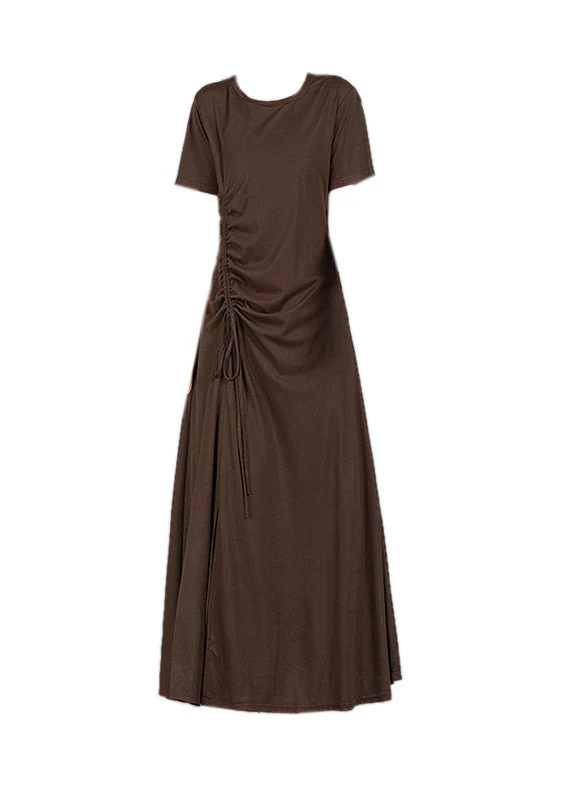 Chocolate O-Neck Cinched Cotton Long Dress Short Sleeve - Image 5