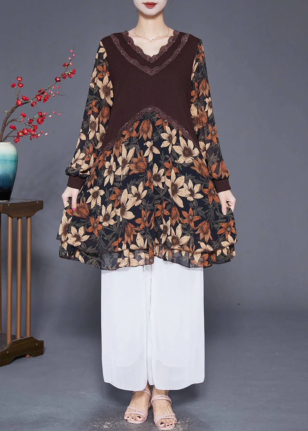 Coffee Patchwork Chiffon Knit Holiday Dress V Neck Print Fall - Image 2