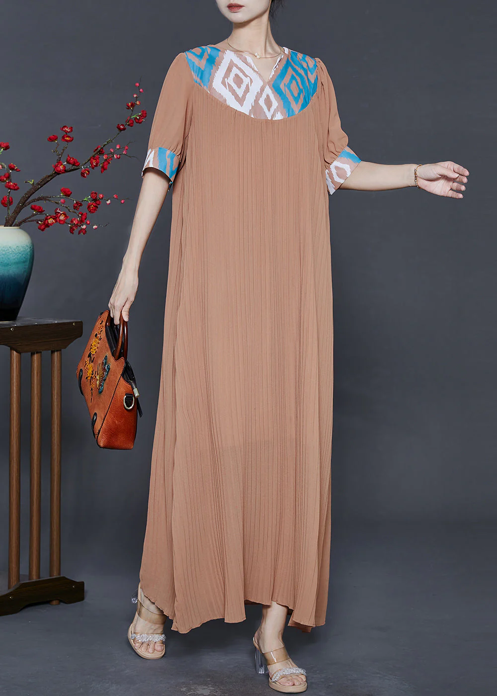 Coffee Patchwork Chiffon Pleated Dress Oversized Summer - Image 3