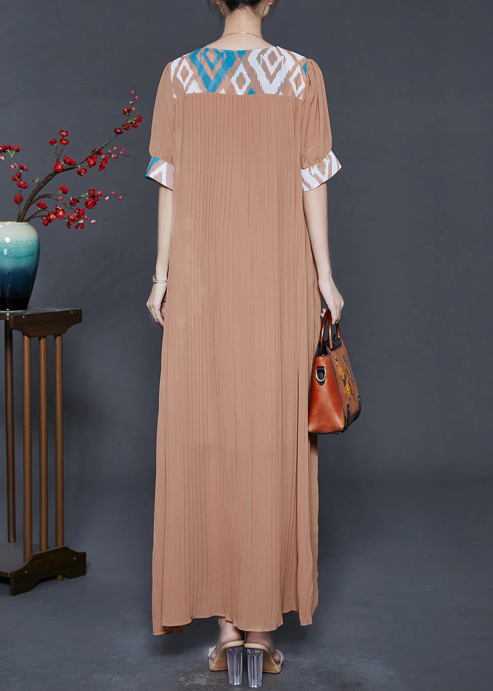 Coffee Patchwork Chiffon Pleated Dress Oversized Summer - Image 4