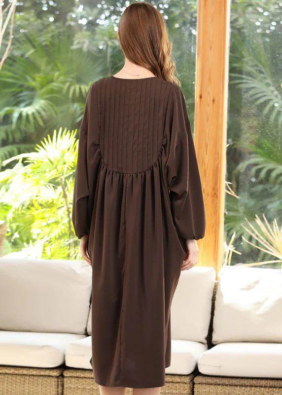 Coffee Patchwork Chiffon Robe Dresses O-Neck Wrinkled Batwing Sleeve - Image 3