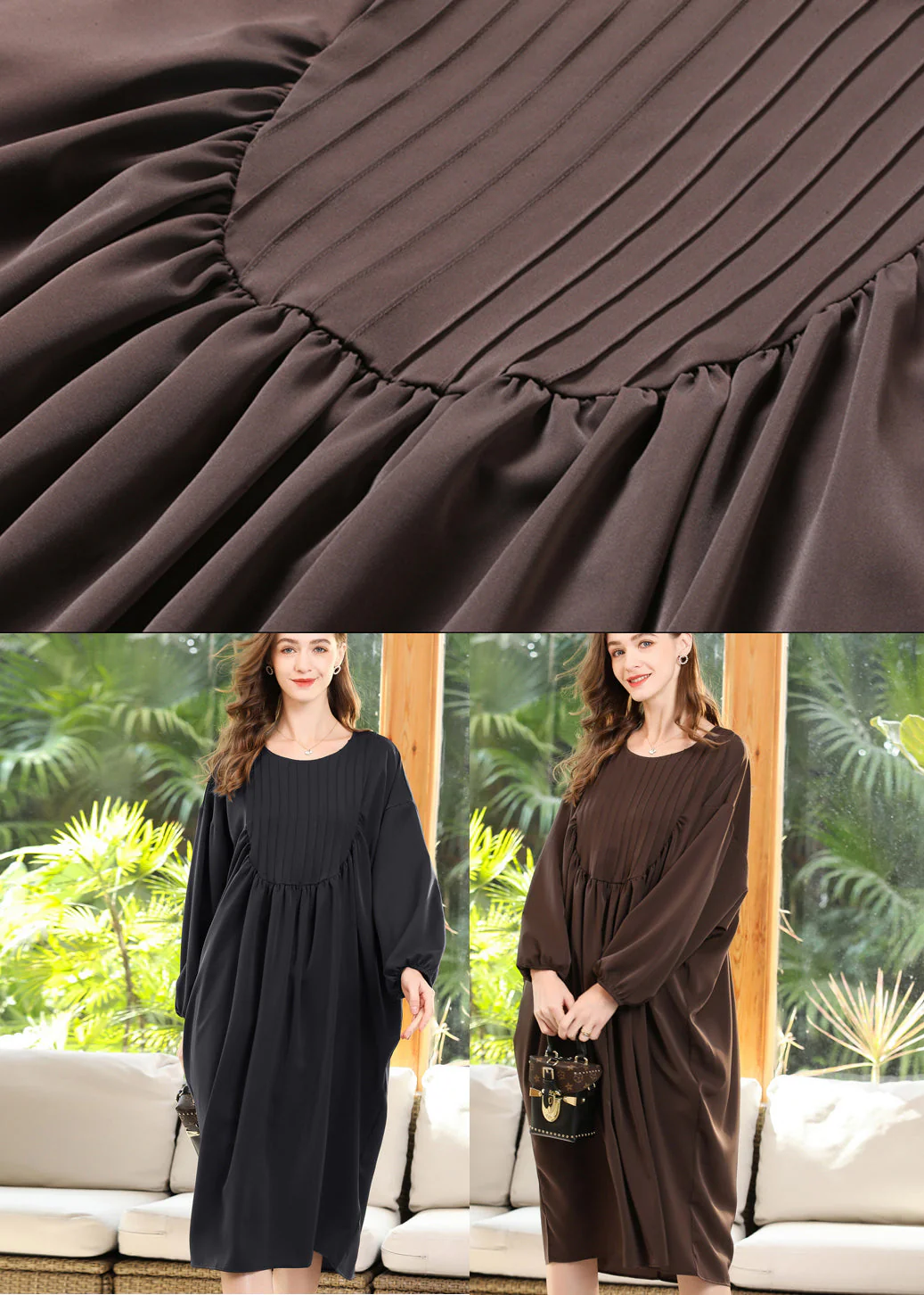 Coffee Patchwork Chiffon Robe Dresses O-Neck Wrinkled Batwing Sleeve - Image 4