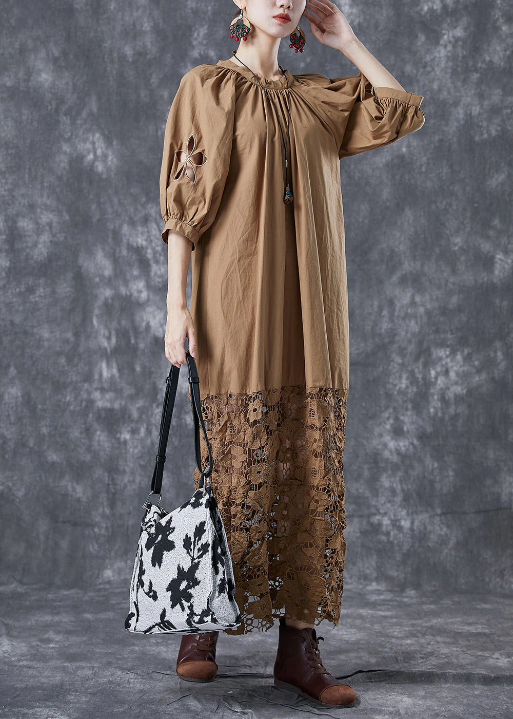 Coffee Patchwork Cotton Long Dress Hollow Out Back Bow Puff Sleeve - Image 3