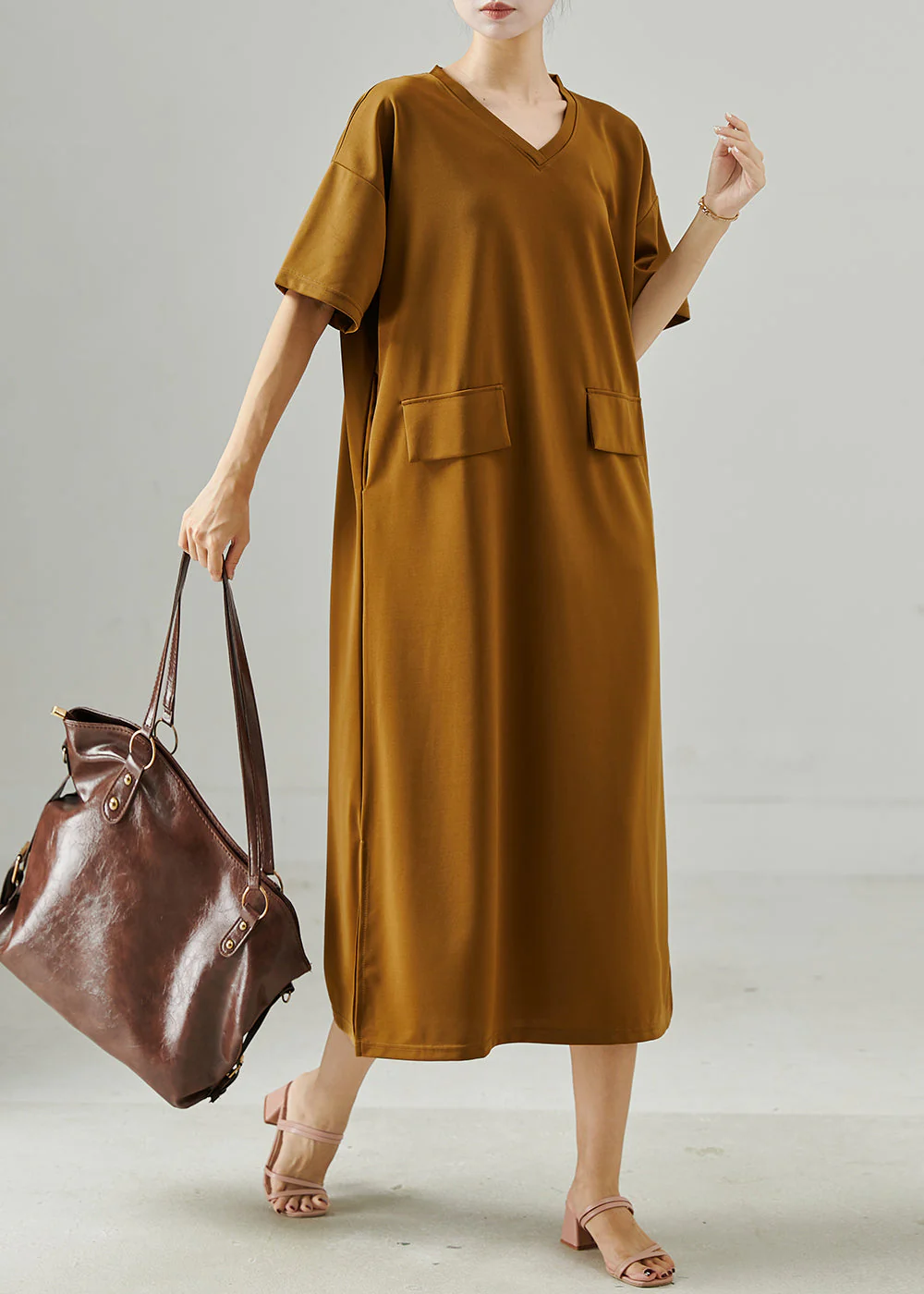 Coffee Patchwork Cotton Long Dress Oversized Summer - Image 2