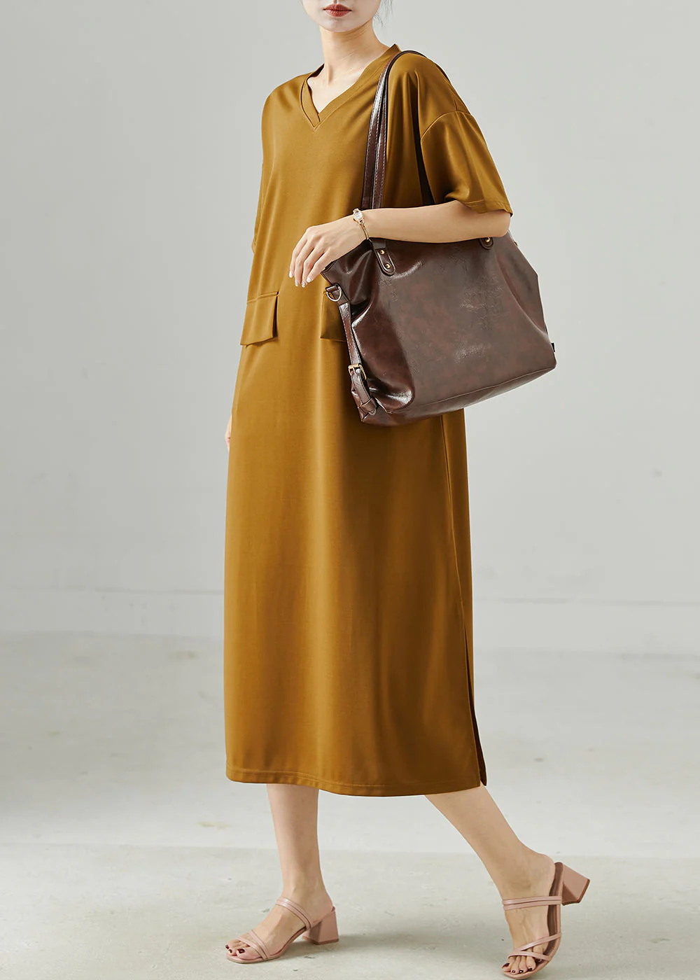 Coffee Patchwork Cotton Long Dress Oversized Summer - Image 3