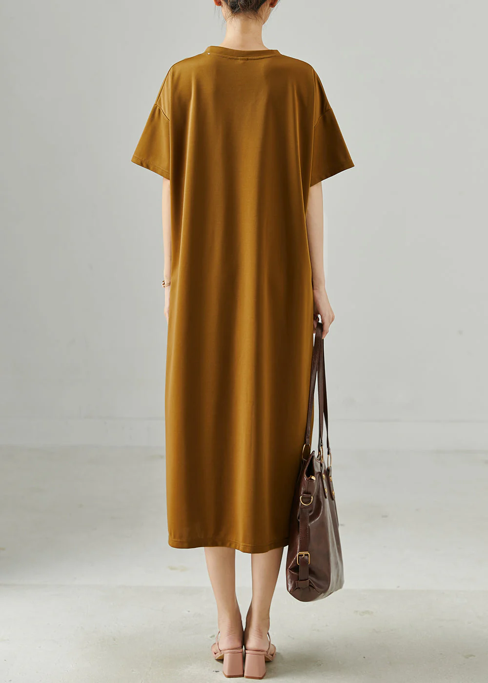 Coffee Patchwork Cotton Long Dress Oversized Summer - Image 4