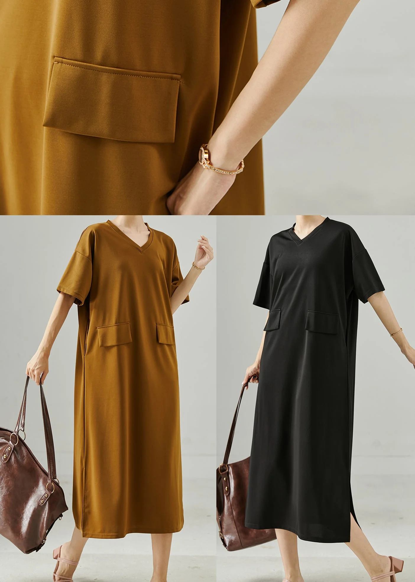 Coffee Patchwork Cotton Long Dress Oversized Summer - Image 5