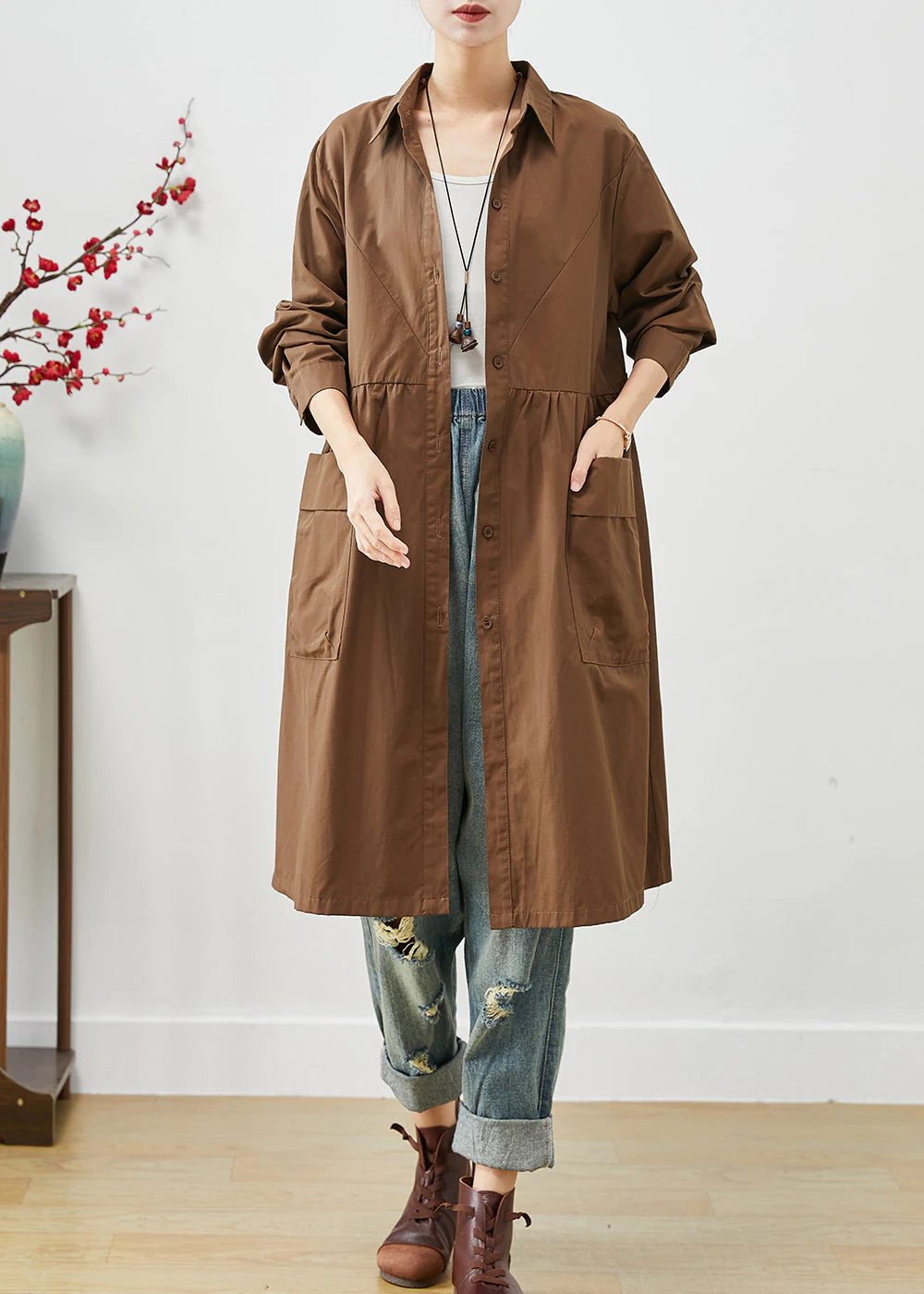 Coffee Patchwork Cotton Shirt Dress Oversized Pockets Spring - Image 2