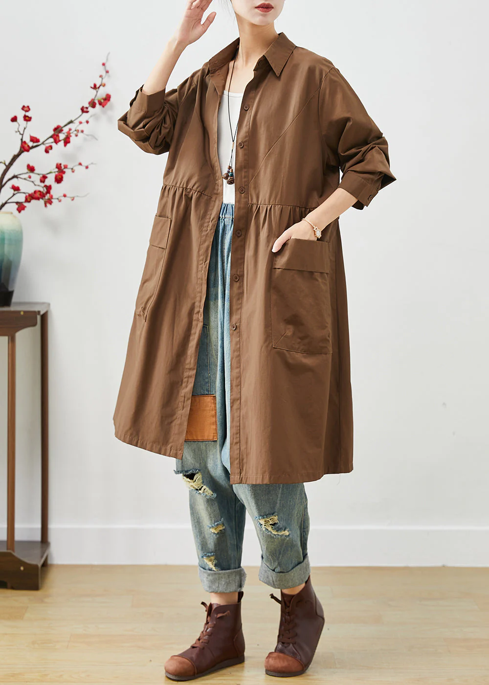 Coffee Patchwork Cotton Shirt Dress Oversized Pockets Spring - Image 3