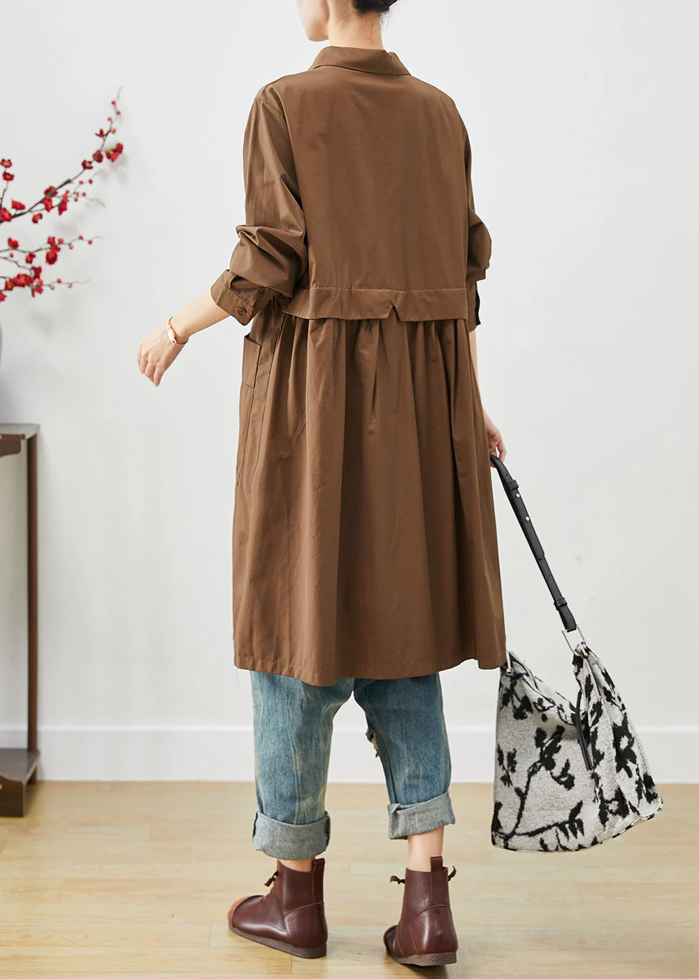 Coffee Patchwork Cotton Shirt Dress Oversized Pockets Spring - Image 4