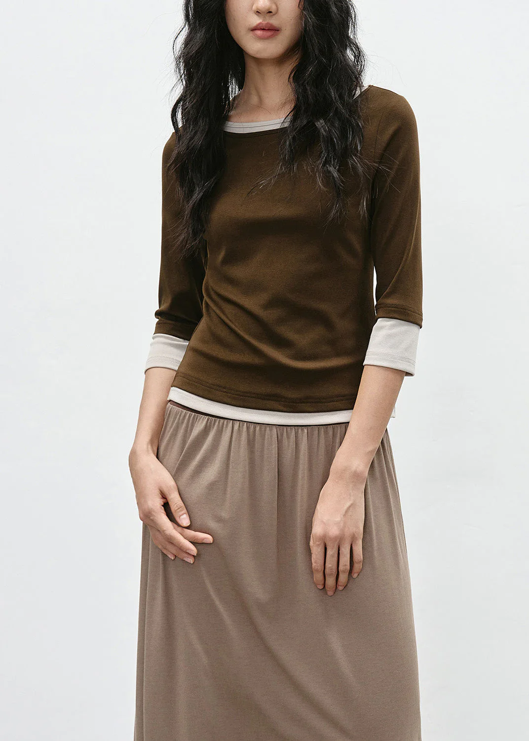 Coffee Patchwork Cotton T Shirt O Neck Bracelet Sleeve - Image 2