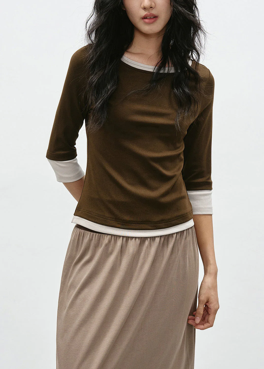 Coffee Patchwork Cotton T Shirt O Neck Bracelet Sleeve - Image 3