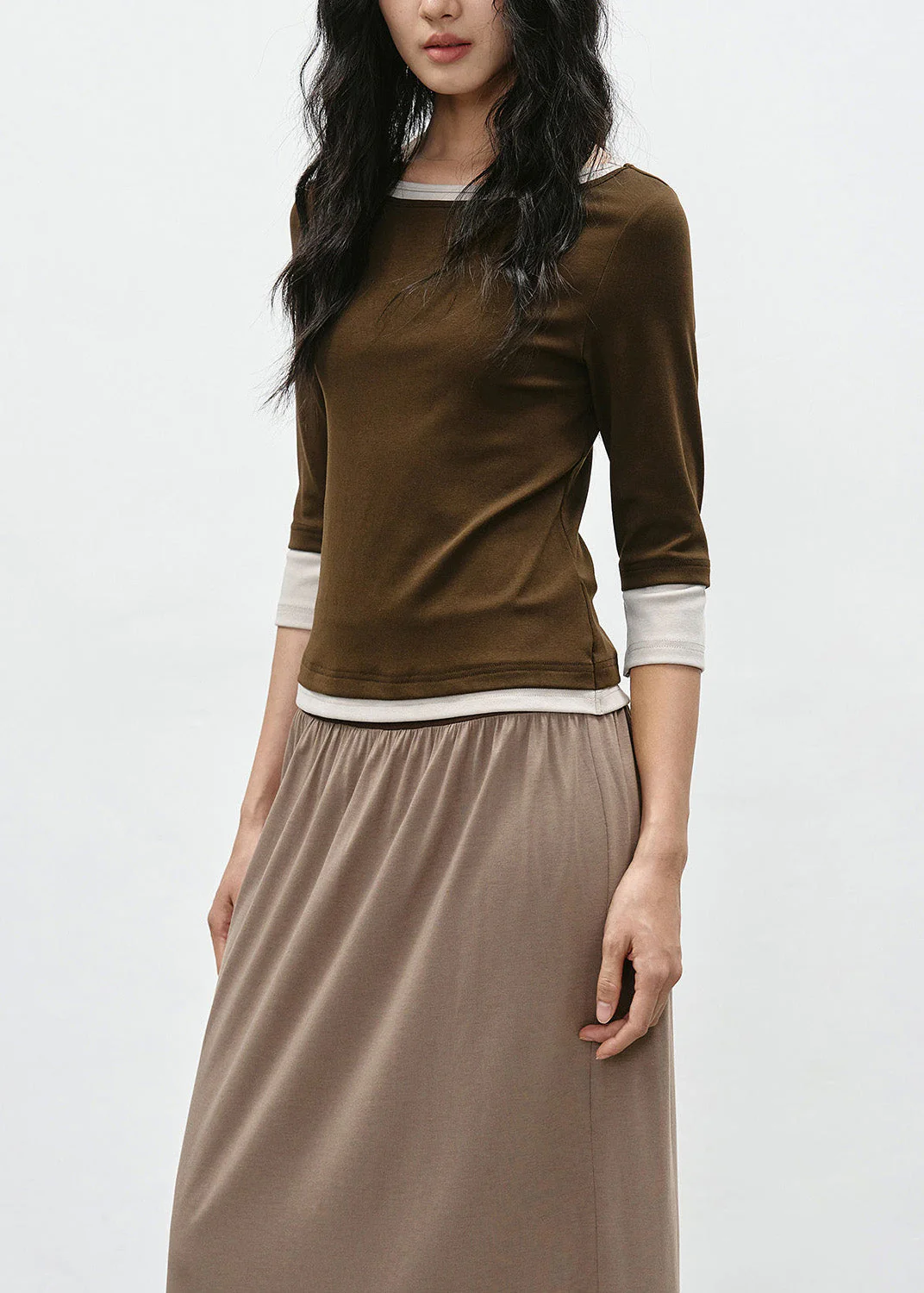 Coffee Patchwork Cotton T Shirt O Neck Bracelet Sleeve - Image 4
