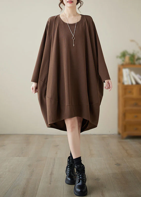 Coffee Patchwork Cozy Cotton Dresses Long Sleeve - Image 2