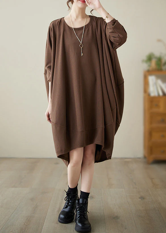 Coffee Patchwork Cozy Cotton Dresses Long Sleeve - Image 3