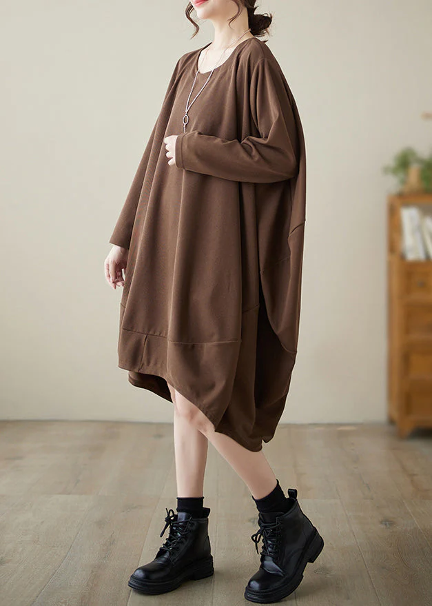 Coffee Patchwork Cozy Cotton Dresses Long Sleeve - Image 4