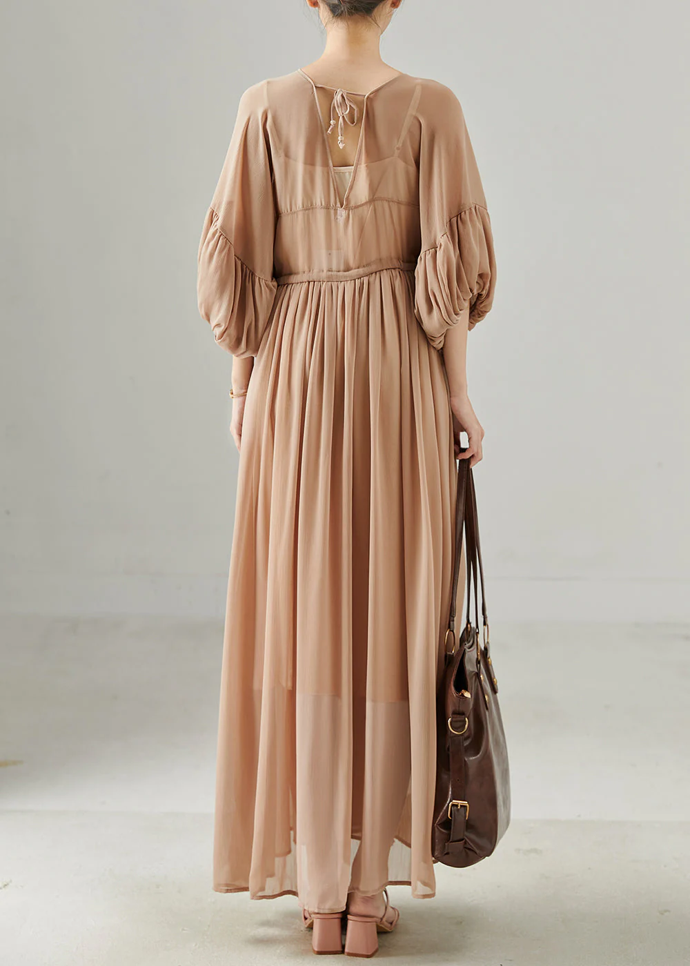 Coffee Patchwork Lace Chiffon Holiday Dress V Neck Summer - Image 4