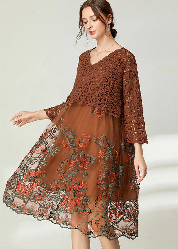 Chocolate Patchwork Lace Loose Dress Embroideried Spring - Image 2