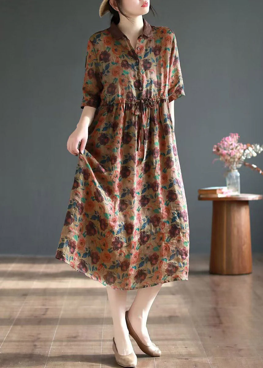 Coffee Patchwork Tie Waist Vacation Maxi Dresses Summer - Image 2