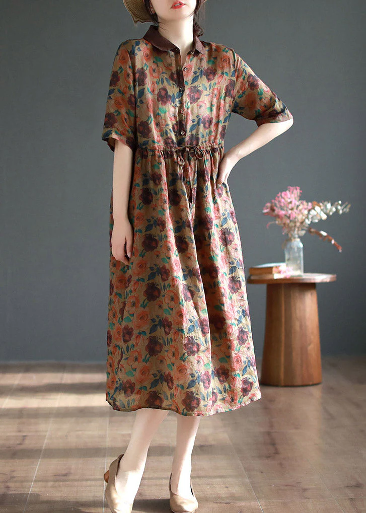 Coffee Patchwork Tie Waist Vacation Maxi Dresses Summer - Image 3