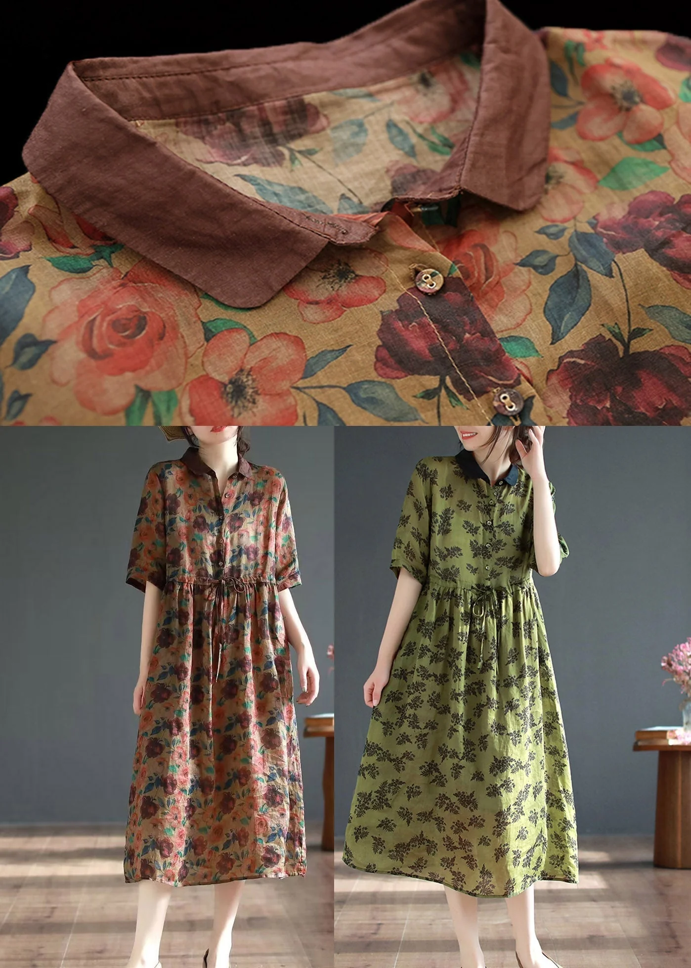 Coffee Patchwork Tie Waist Vacation Maxi Dresses Summer - Image 4