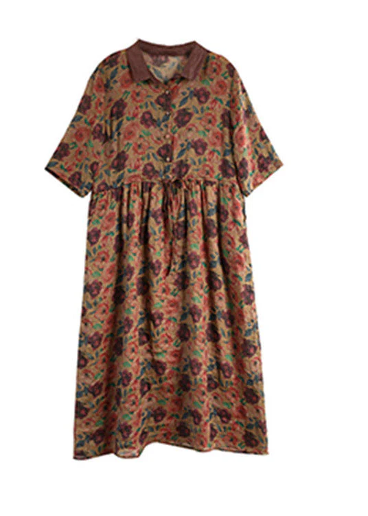 Coffee Patchwork Tie Waist Vacation Maxi Dresses Summer - Image 5