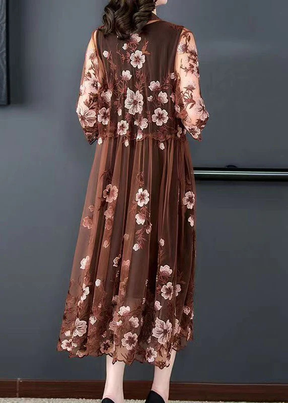 Coffee Patchwork Tulle Cape Dresses Embroideried V Neck Summer - Image 4