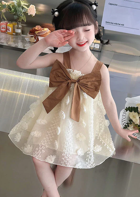Coffee Patchwork Tulle Kids Girls Dress Ruffled Bow Sleeveless - Image 2