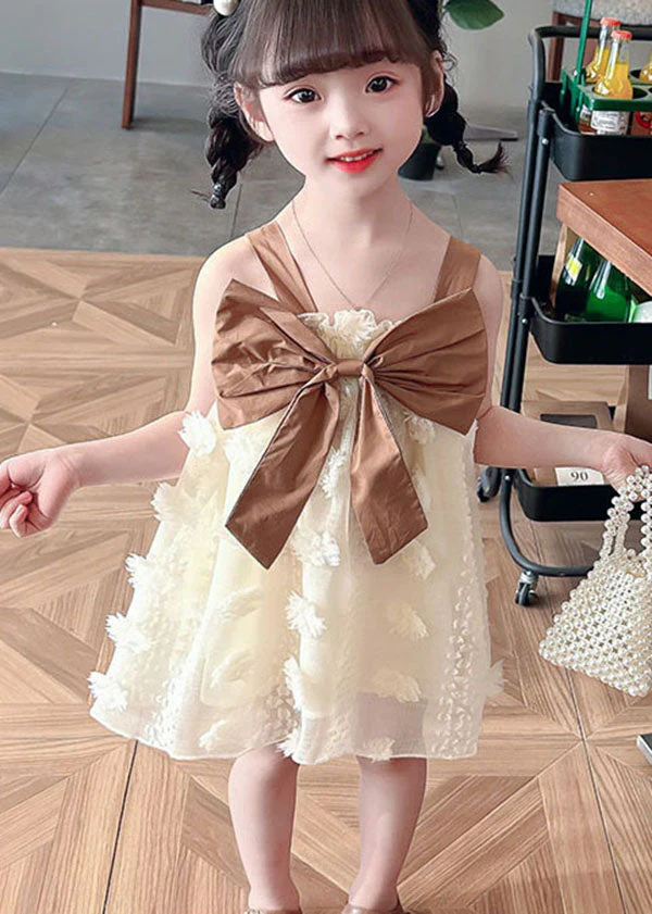 Coffee Patchwork Tulle Kids Girls Dress Ruffled Bow Sleeveless - Image 3