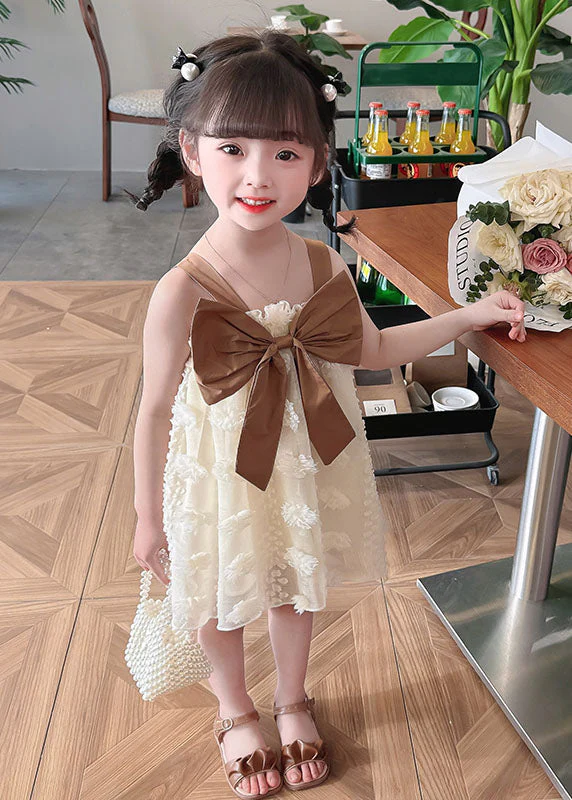 Coffee Patchwork Tulle Kids Girls Dress Ruffled Bow Sleeveless - Image 4