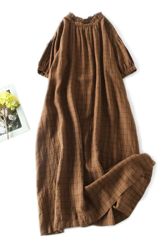 Coffee Plaid Patchwork Linen Dress Ruffled Button Grace - Image 3