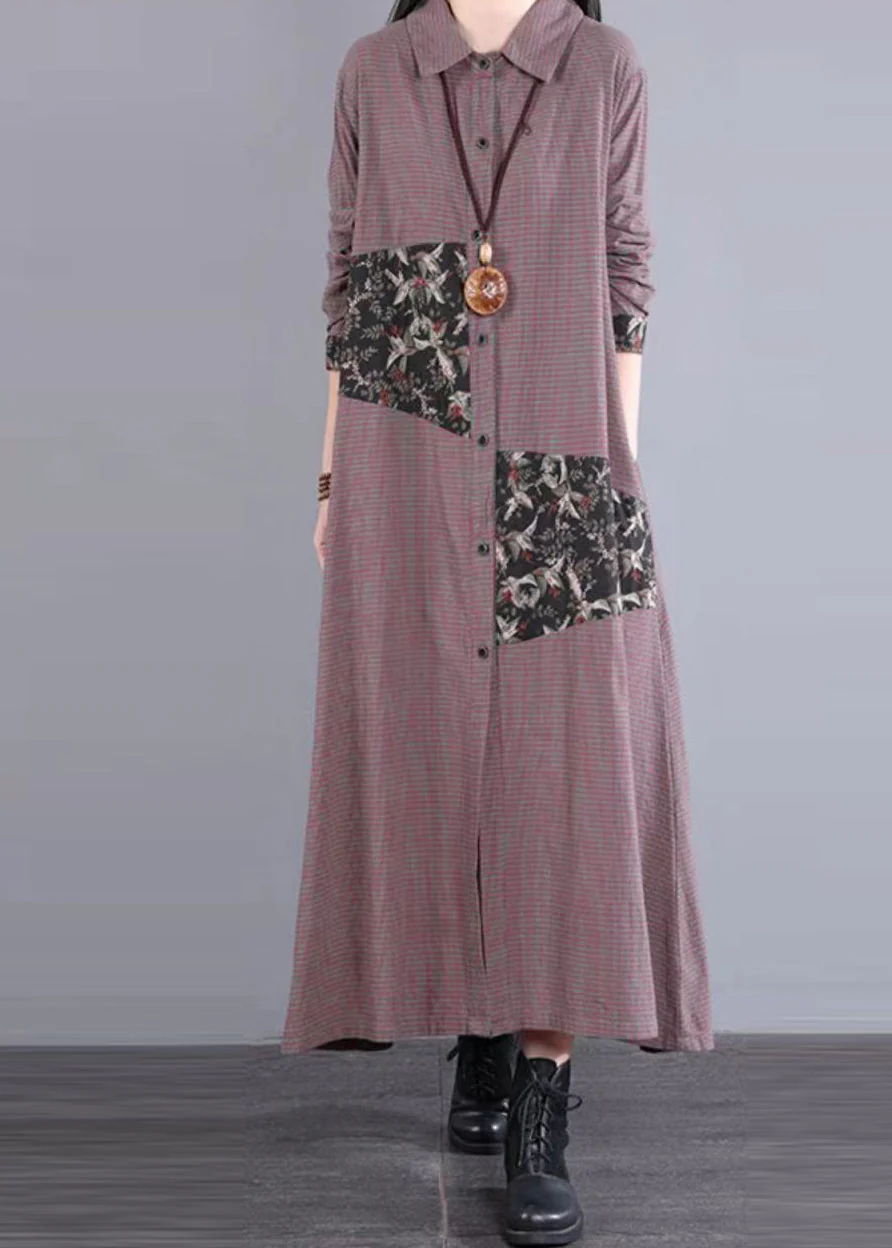 Coffee Plaid Pockets Patchwork Cotton Long Dress Peter Pan Collar Fall - Image 2