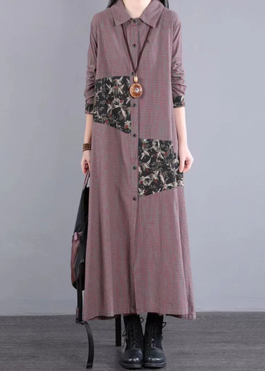 Coffee Plaid Pockets Patchwork Cotton Long Dress Peter Pan Collar Fall - Image 3