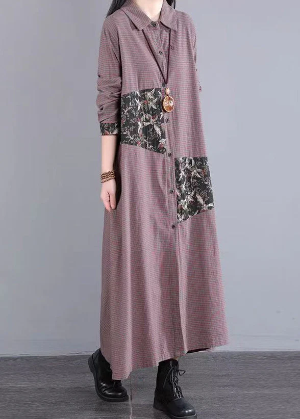 Coffee Plaid Pockets Patchwork Cotton Long Dress Peter Pan Collar Fall - Image 4