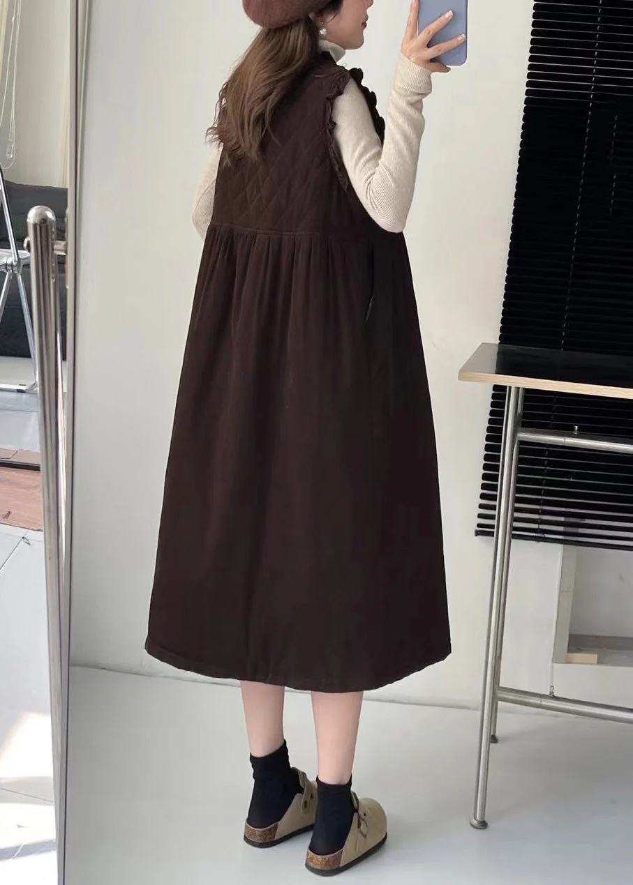 Coffee Pockets Cotton Filled Waistcoat Long Dress Stand Collar Winter - Image 4