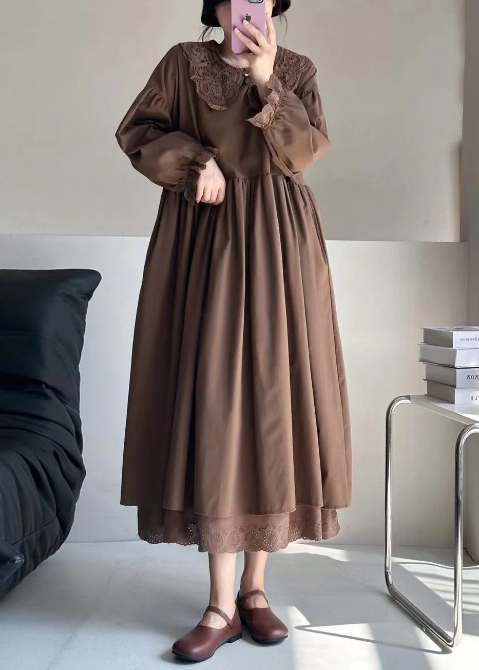 Coffee Pockets Cotton Long Dresses Peter Pan Collar Long Sleeve - Image 2