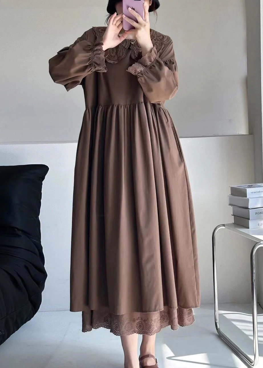 Coffee Pockets Cotton Long Dresses Peter Pan Collar Long Sleeve - Image 3