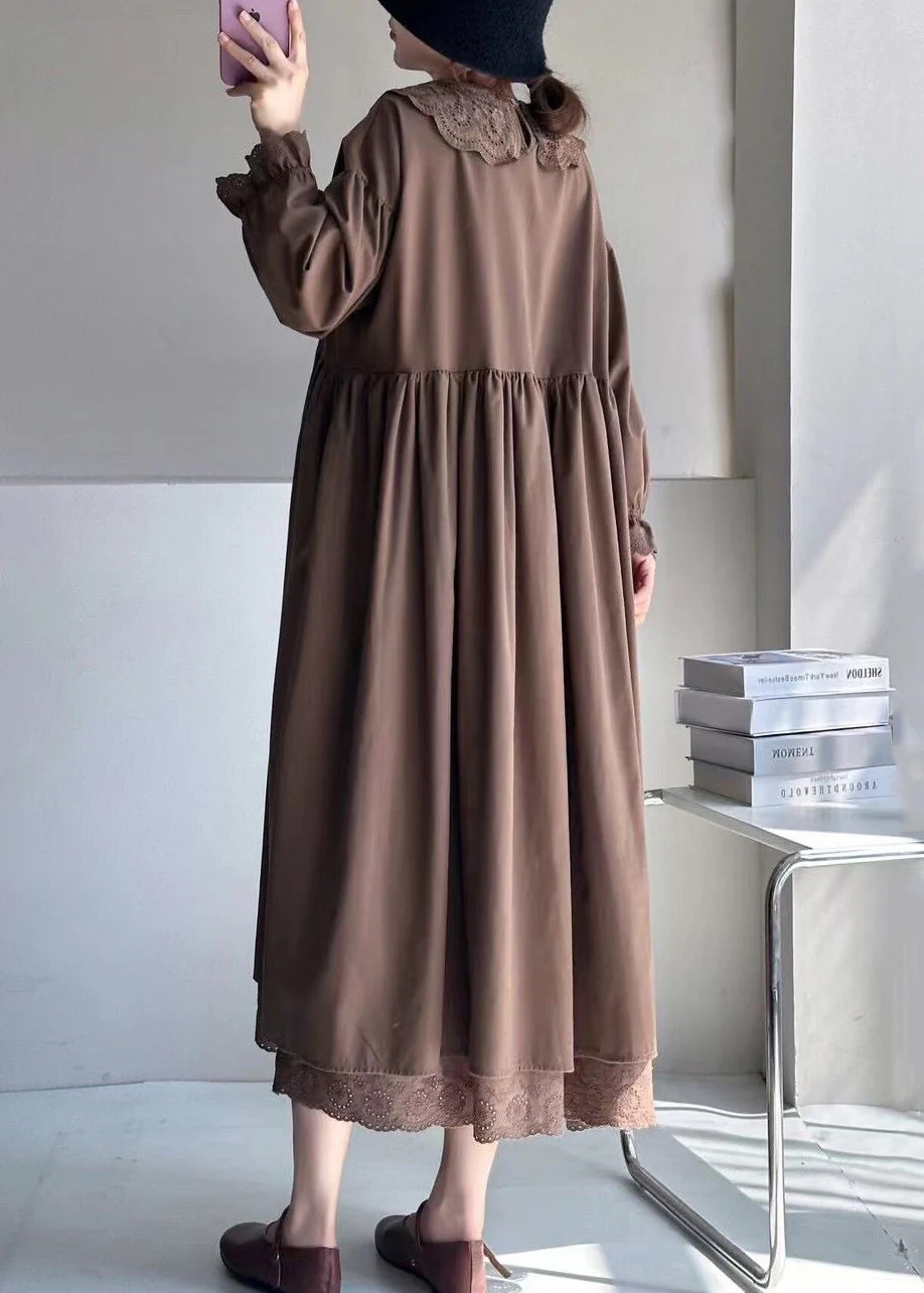 Coffee Pockets Cotton Long Dresses Peter Pan Collar Long Sleeve - Image 4