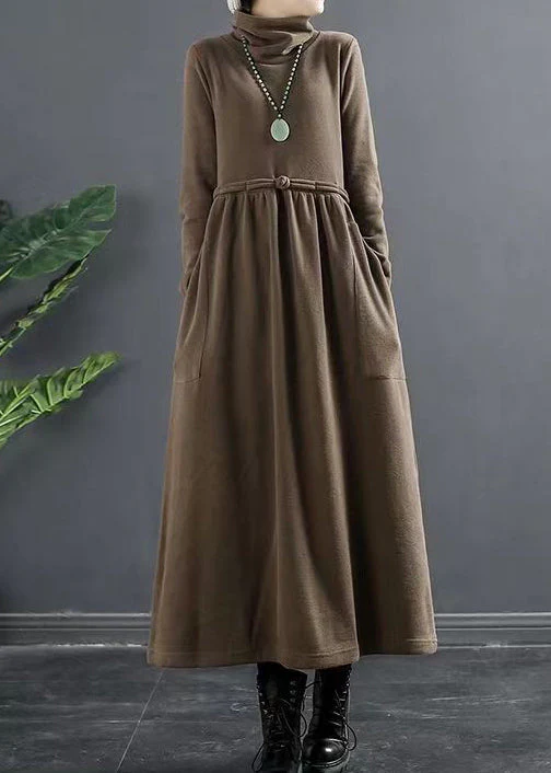 Coffee Pockets Patchwork Cotton Dresses Hign Neck Wrinkled Fall - Image 2