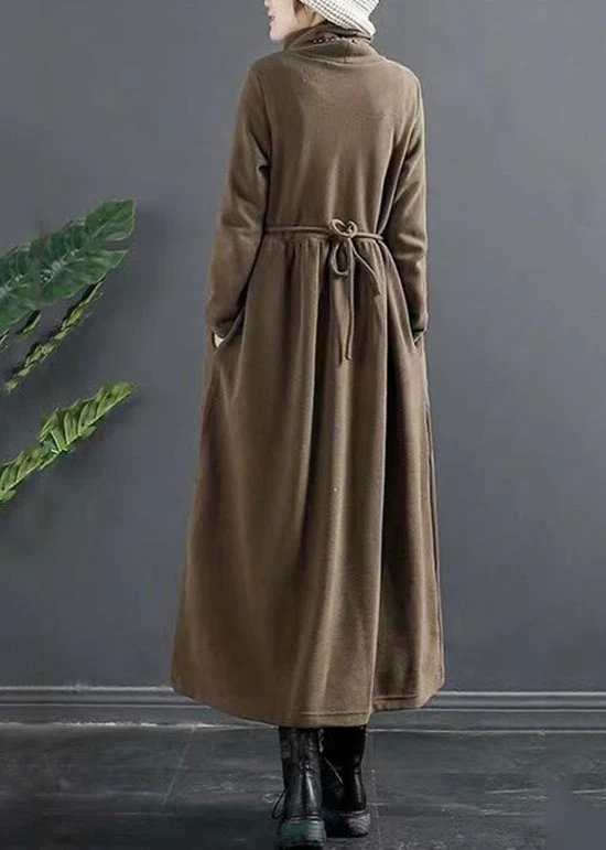 Coffee Pockets Patchwork Cotton Dresses Hign Neck Wrinkled Fall - Image 4