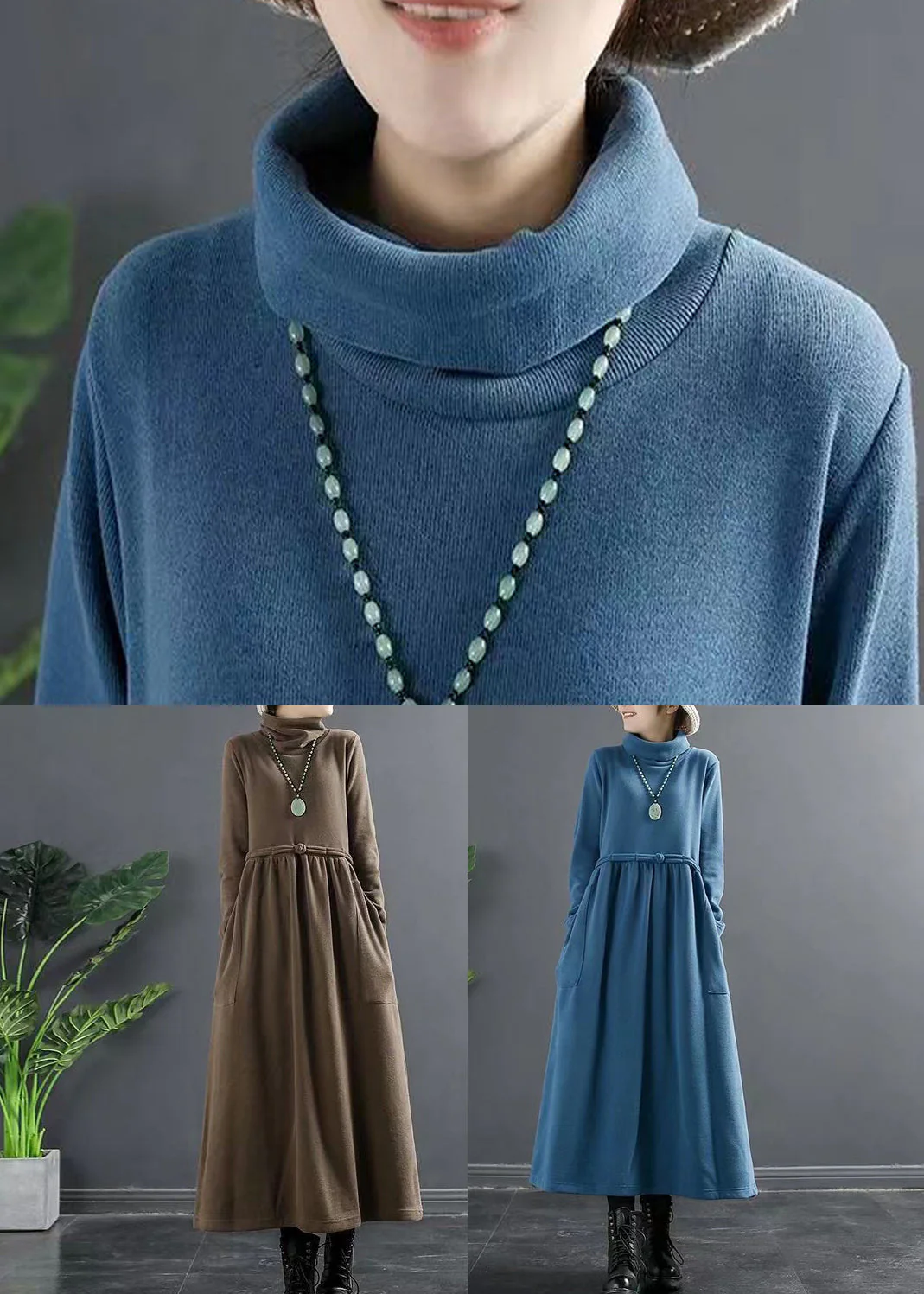 Coffee Pockets Patchwork Cotton Dresses Hign Neck Wrinkled Fall - Image 5
