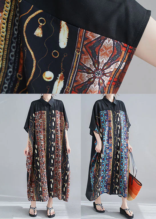 Coffee Print Chiffon Long Dress Peter Pan Collar Summer - Image 5