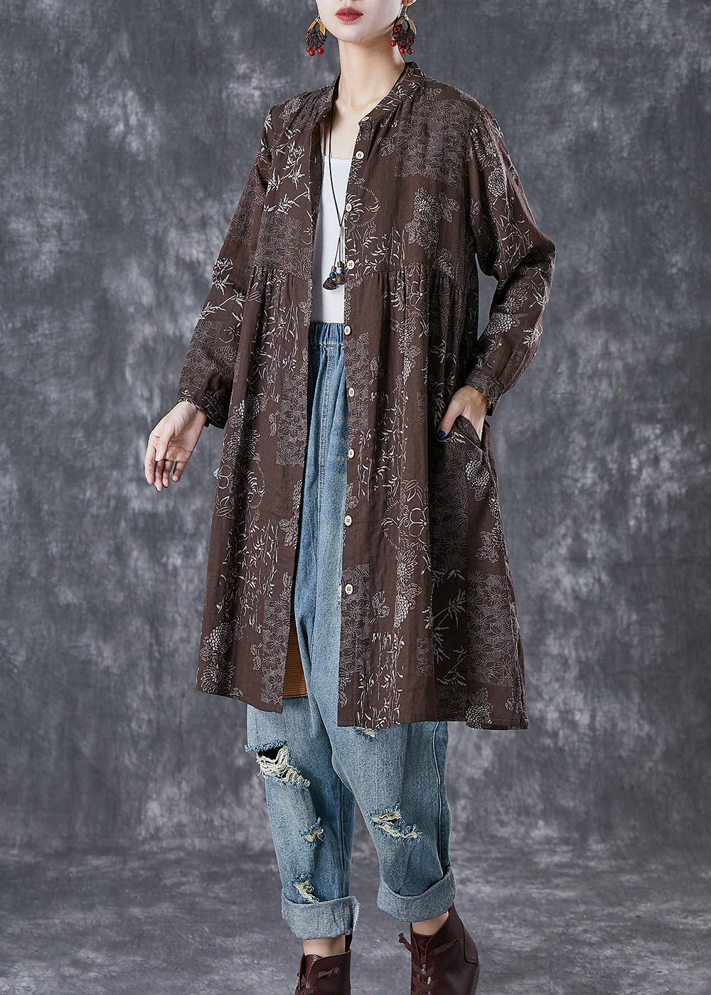 Coffee Print Cotton Vacation Dresses Button Down Fall - Image 3