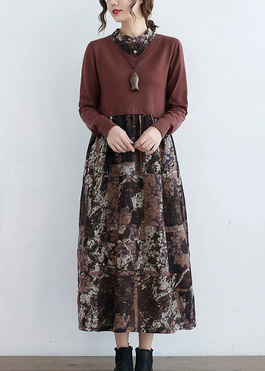 Chocolate Print Fake Two Pieces Vacation Dresses Pocket Long Sleeve - Image 3